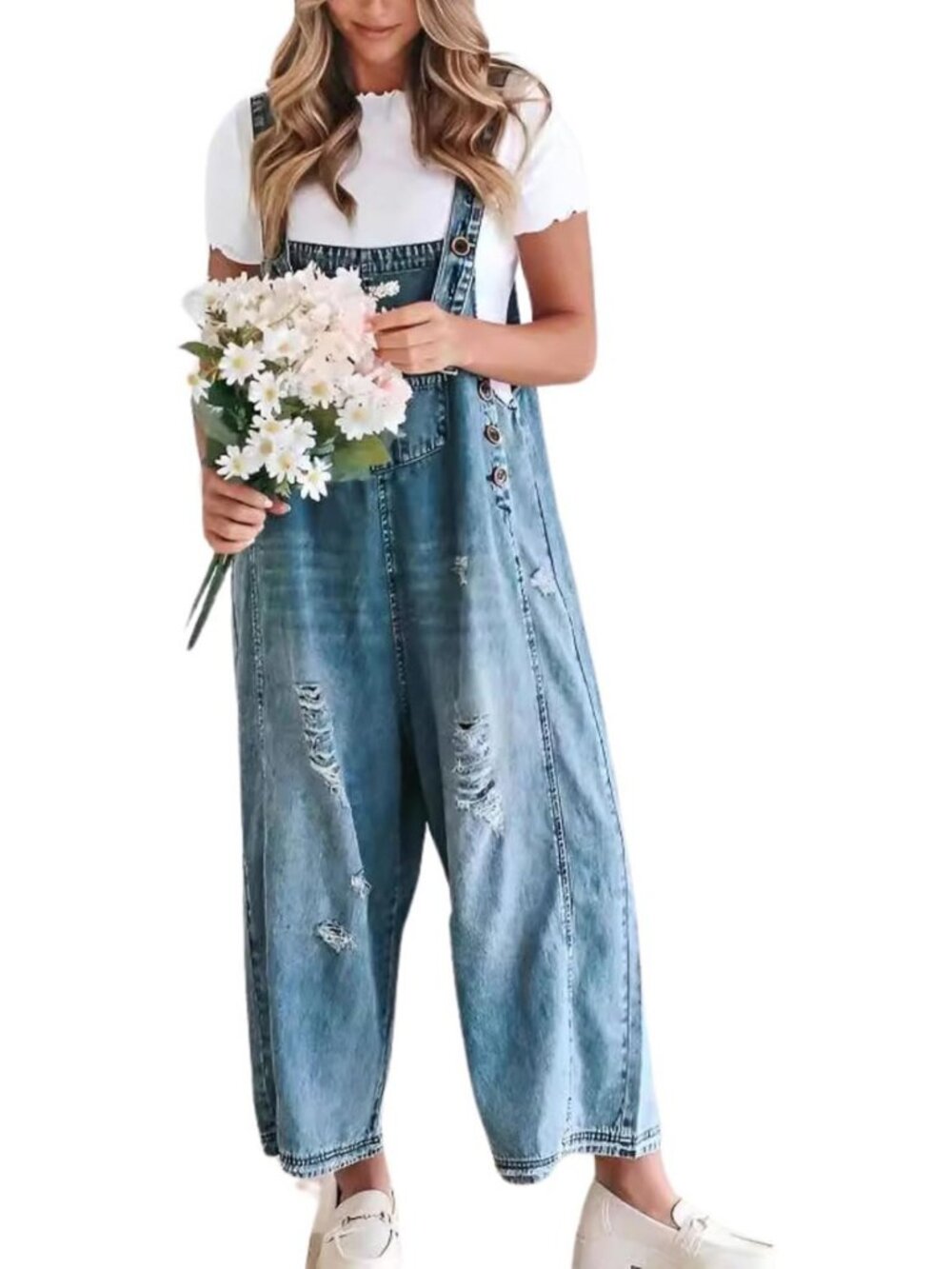 Distressed Wide Leg Denim Overalls for Women - Adjustable Strap Baggy Jumpsuit